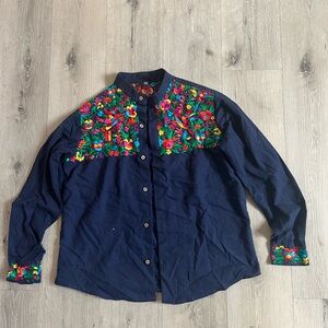 Navy Shirt with Colorful Embroidery